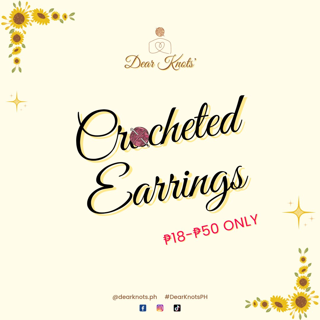 DearKnots's tweet photo. ₱18-₱50 until September 20, 2022 only!!! 🙂

#crochet #crocheter #crochetearrings #crochetjewelry #dearknotsph https://t.co/uZ1LI3mjPZ