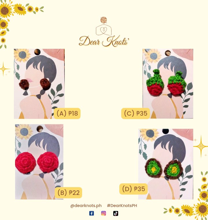 DearKnots's tweet photo. ₱18-₱50 until September 20, 2022 only!!! 🙂

#crochet #crocheter #crochetearrings #crochetjewelry #dearknotsph https://t.co/uZ1LI3mjPZ