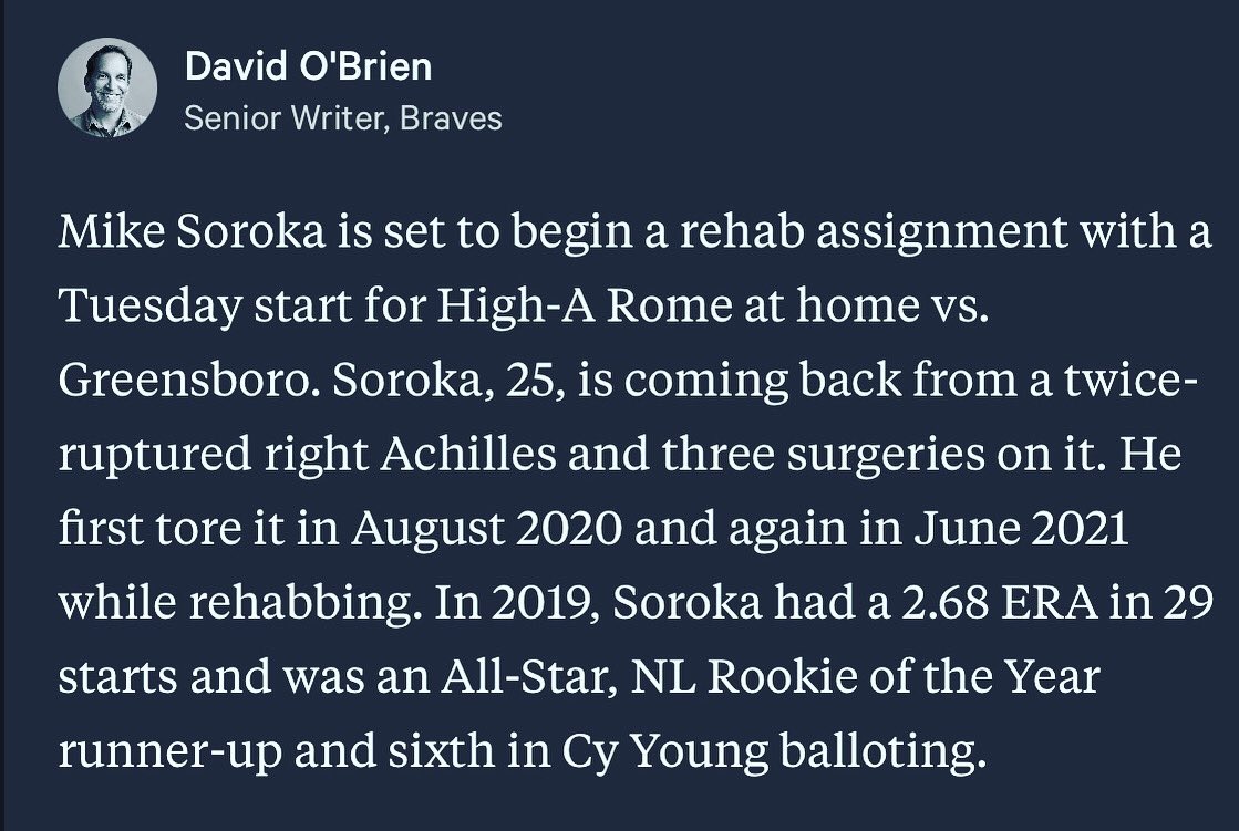 DOBrienATL's tweet photo. Mike Soroka set to begin rehab assignment Tuesday with #Braves’ High-A Rome affiliate. https://t.co/GjLwH9JQMj