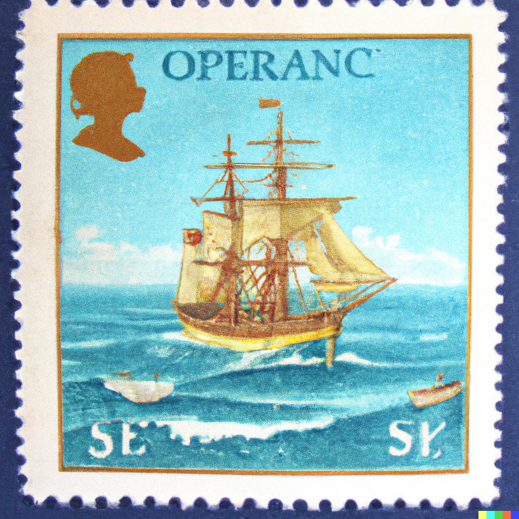 “A UK postage stamp with a ship on the ocean” (2/4)