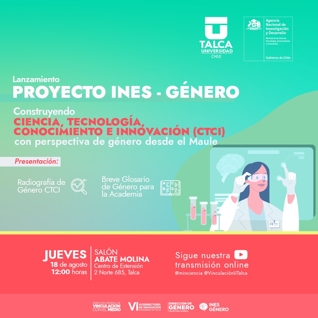 KarinSaavedraR's tweet image. Por fin 😍 Lanzamiento Proyecto InES-Género @utalca jueves 18/08 12 h Centro Extensión Talca 
✅Radiografía Género CTCI
✅Breve Glosario Género UTalca
✅Testimonios:
💪Dra. Soraya León, impulsora odontogeriatría en Chile
💪Dra. Gloria Montenegro, candidata Premio Nac Cs Aplicadas