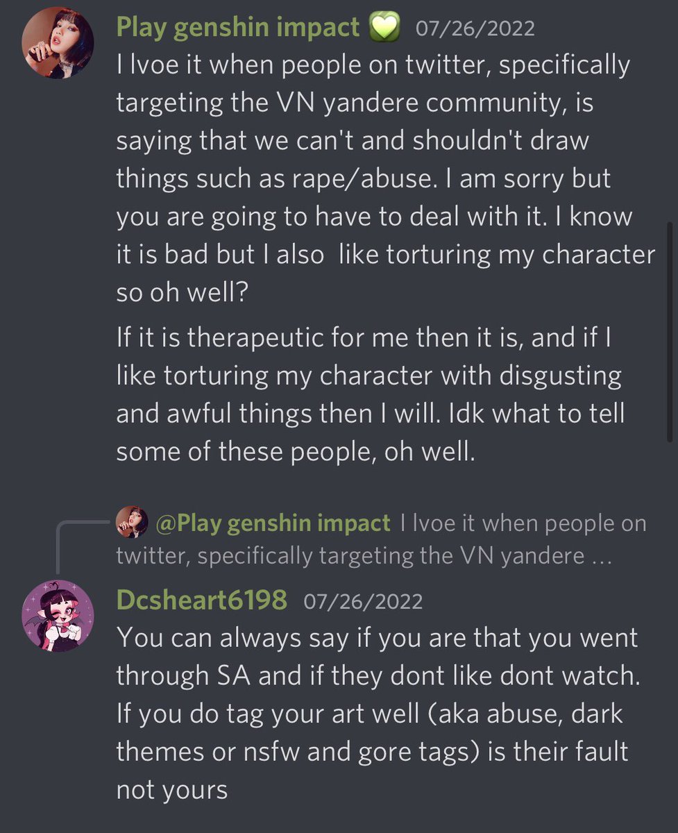 YBFServerLeaks's tweet photo. #1
There are some within these servers who are encouraging others to either lie about and/or weaponize stories of sexual assault in order to make others who are uncomfortable with these accounts feel guilt when they share their discomfort.
#YourBoyfriendPeter
#YourBoyfriendGame https://t.co/qyHheBKEqB