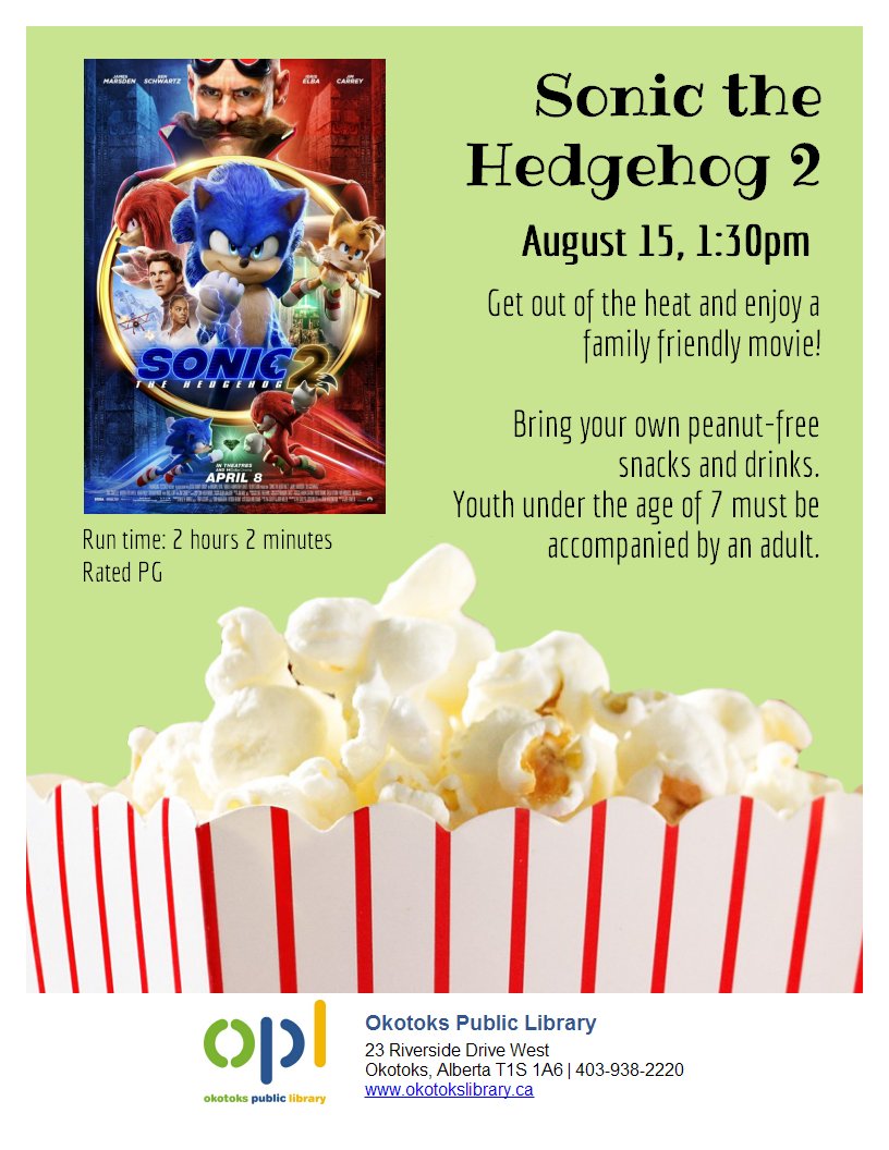 Spin your wheels!  Tomorrow's 'Motion Picture Monday' feature is 'Sonic the Hedgehog 2'.

The movie starts at 1:30pm and is rated PG.  Bring a peanut-free snack, a cuddly stuffy... and get ready for giggles!   https://t.co/64BrsK0YmQ https://t.co/PsAwRxUpqq