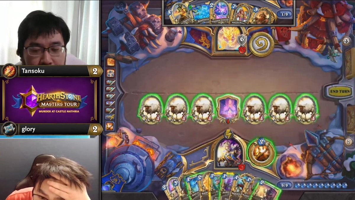 machadogps's tweet photo. Alright everyone, this turn has got me thinking:
Did Glory lose lethal here? His push was exactly 1 damage off. Could he get 23 dmg here in this turn?

#Hearthstone #MasterTours #CastleNathria https://t.co/mBFgZSkWJk