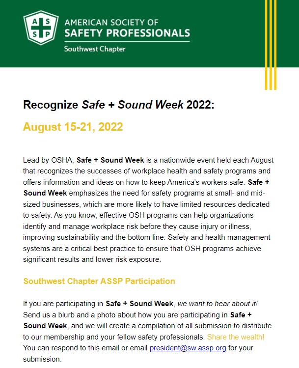 ASSPSWChapter's tweet photo. Are YOU participating in Safe + Sound Week?! We want to hear about it! Send in your photos/blurbs about how you are participating, and we will create a compilation of all submissions to share with the Chapter!
#safeandsound #safeandsoundweek #osha #safety #safesound https://t.co/64d0hXngA3