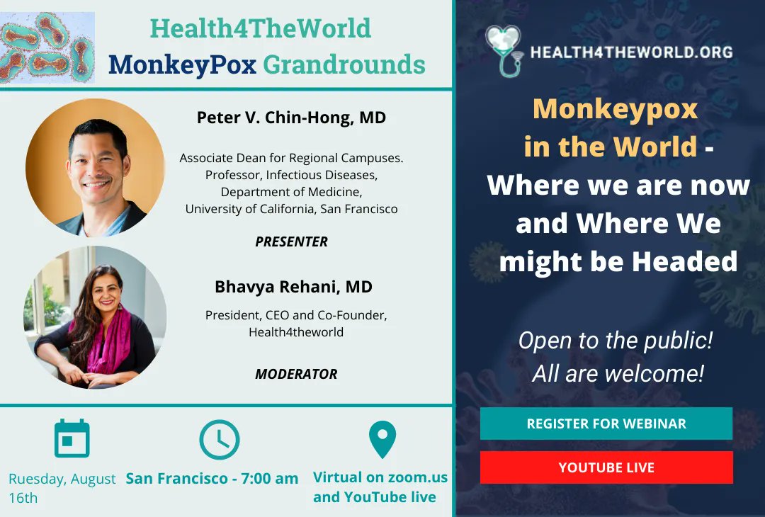 Join us for a special Grand Rounds and Q&amp;A session on #Monkeypox with leading #InfectiousDisease physician and professor <a href="/PCH_SF/">Peter Chin-Hong MD</a>, moderated by <a href="/BhavyaRehaniMD/">Bhavya Rehani, MD</a>, this Tuesday, August 16th at 7AM PST. Register at: buff.ly/3pdPlnz