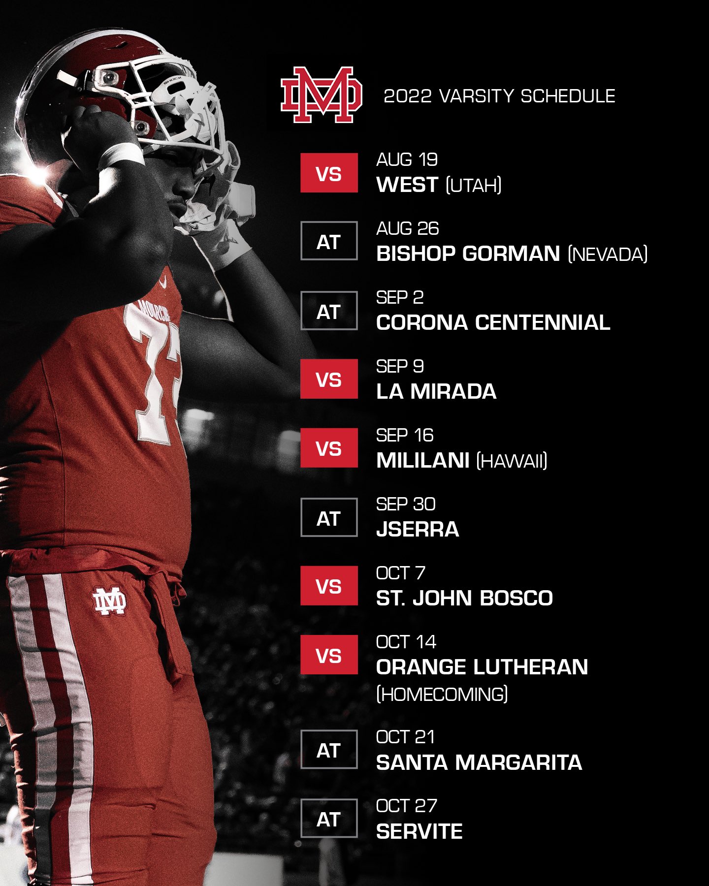 Mater Dei Football on Twitter: "🚨 SCHEDULE UPDATE 🚨 Our final game of the  regular season vs Servite has been moved to THURSDAY, OCTOBER 27 at  Cerritos College. Update your calendars, Monarch