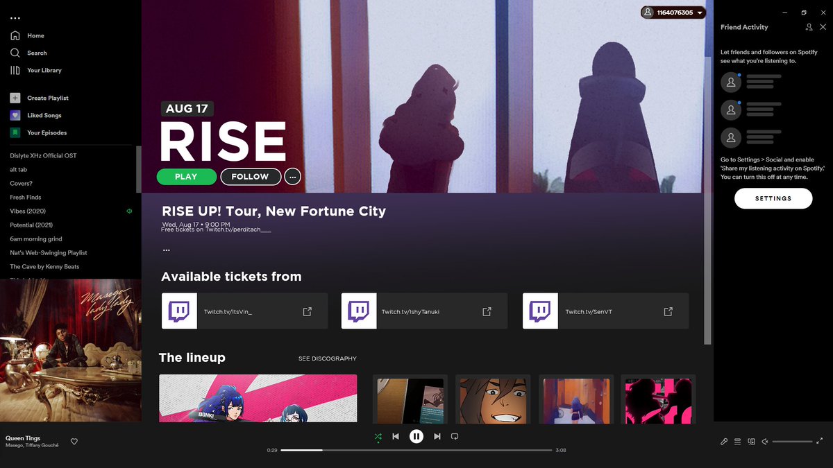 ItsVin___'s tweet photo. GAH I CANT WAIT!  LOOK WHAT GOT ANNOUNCED ON SPOTIFY!

🔋@RISE_MSNGR is going on tour and it starts here!🔋 

I got connections so if you want free tickets be sure to pick it up here: https://t.co/f6Jkl1aM8I

#justiceforthelost #RISEontour #VtubersUprising https://t.co/ZYpFbDzLR0