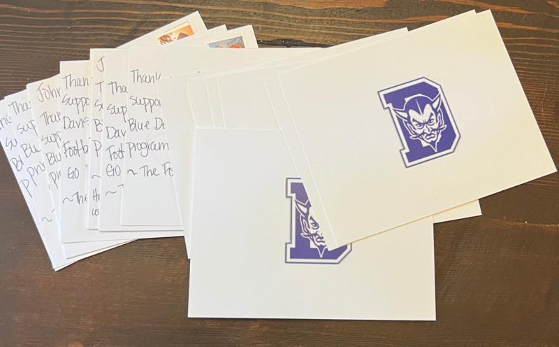 Thank you note cards going out to the Blue Devil Football sponsors.