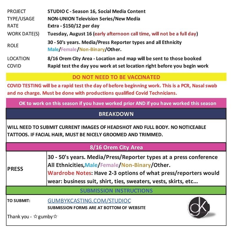 gumbykcasting's tweet photo. ⚡️📰🗞🕵️‍♀️🕵️🕵️‍♂️🧐👽👾🛸⚡️
Studio C, TV series Season 16, Social Media Content

Extras $150/12 per day 
8/16 Tues. in Orem City area. Will not be a full day, but keep your day open. 

Press/Reporters who can play 30-50’s years of age, all types and Ethniciti… https://t.co/ndRMAS4fHi https://t.co/exRAXJOwtg