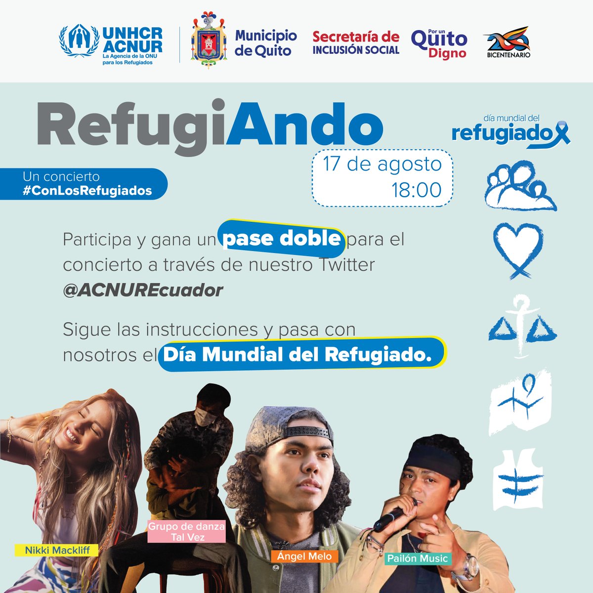 ACNUREcuador's tweet photo. 📢¡Ya tenemos nueva fecha para el concierto #RefugiAndo! 🗓️ Será este miércoles 17 de agosto en Quito.

¿Quieres ganar una entrada doble? ¡Es muy fácil!👇🏽

1⃣ Sigue a @ACNUREcuador
2⃣ Haz RT y dale Me Gusta a este tuit

Participa en este #sorteo hasta el 16 de agosto a las 12h00. https://t.co/SG7wiZOZxK