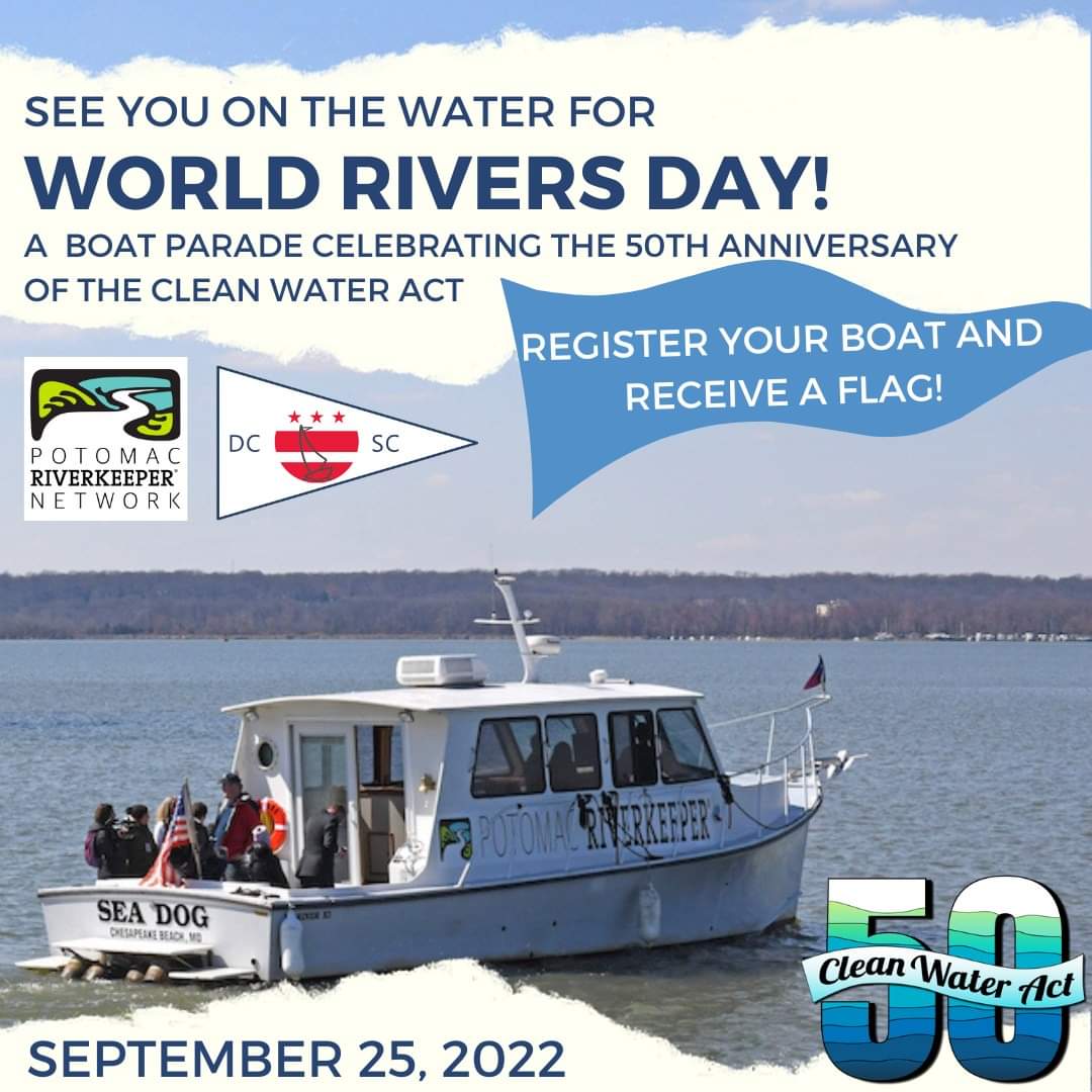 DCSailors's tweet photo. We are partnering with @PotomacRiver to celebrate the 50th Anniversary of the Clean Water Act. Our celebrations culminate in a Boat Parade and Party on World Rivers Day. Please consider making a donation here: https://t.co/C07dlgIxNO and join our celebrations on Sept 25th. https://t.co/uOnHIAmw2a