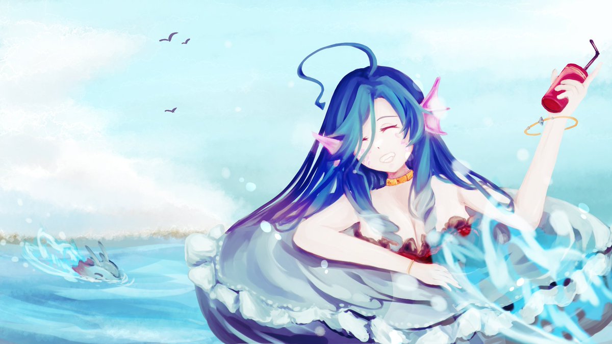 CoralMeris0823's tweet photo. 夏天果然還是要去海邊玩對吧？

享受清涼的海水在周圍流動，抱著沙灘球跟朋友一起玩耍，累了就坐在岸邊來一杯飲料……啊，但現在好像是鬼月，要小心哦🐠

你說卡洛為什麼戴著游泳圈？才、才不是怕自己溺水！🐠💢

#早安啵嚕啵嚕 
#Meriseart 
#繪師待會留言標註 https://t.co/lwzni0nLie