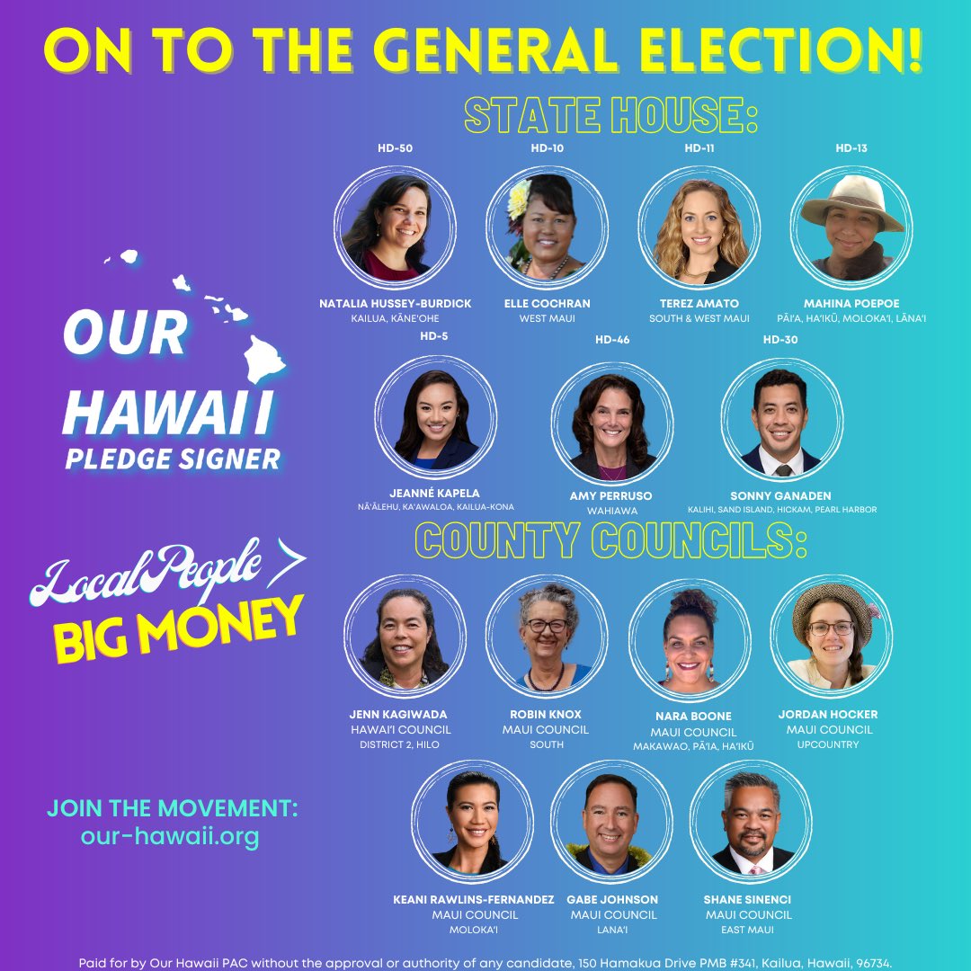 Mahalo nui to all the #OurHawaiiPledge candidates who ran and took a stand for local people over big money, and a huge congratulations to these amazing people’s champions who now head on to the general election. I mua!

We’re just getting started. Join us: our-hawaii.org