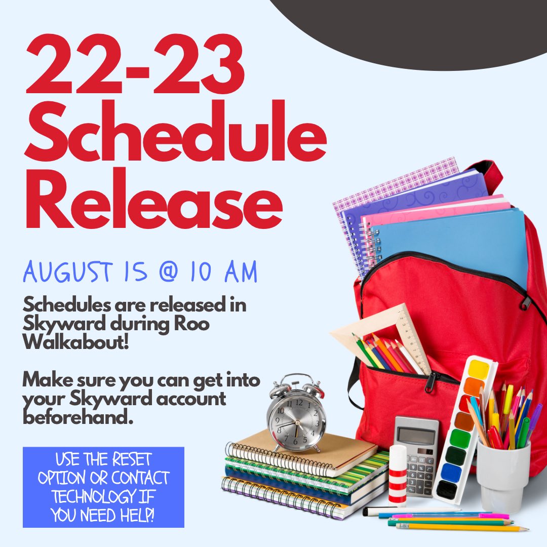 RooCounselors's tweet photo. Roo Walkabout is TOMORROW!!! Schedules open in Skyward @ 10. Walkabout times: 12th grade 1:30-3; 11th grade 3-4:30; 10th grade 4:30-6. We can’t wait to see YOU!! 💙 https://t.co/NvhIriWXa8