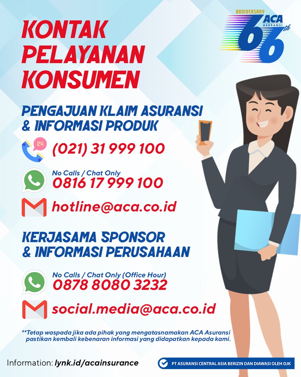acaasuransi's tweet photo. Halo Kawan!

Berikut mimin informasikan untuk perubahan kontak pelayanan ACA Insurance.

Mohon maaf untuk ketidaknyamanannya ya.

ACA Insurance selalu berjanji memberikan pelayanan terbaik untuk pelanggan.

Terima Kasih.

#RisikoACAinsaja #ACAinsurance #CustomerService https://t.co/UGFXXDnLYM