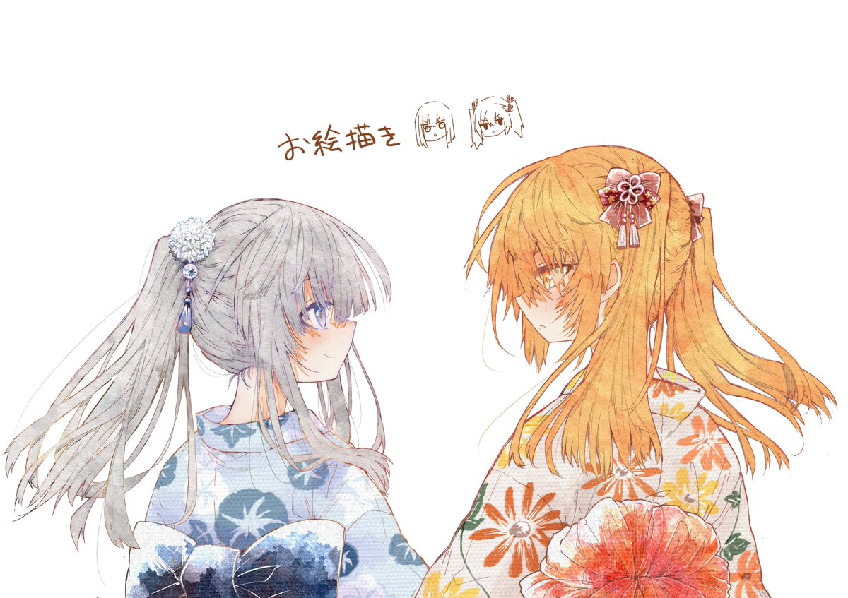 japanese clothes kimono multiple girls 2girls ponytail grey hair smile  illustration images
