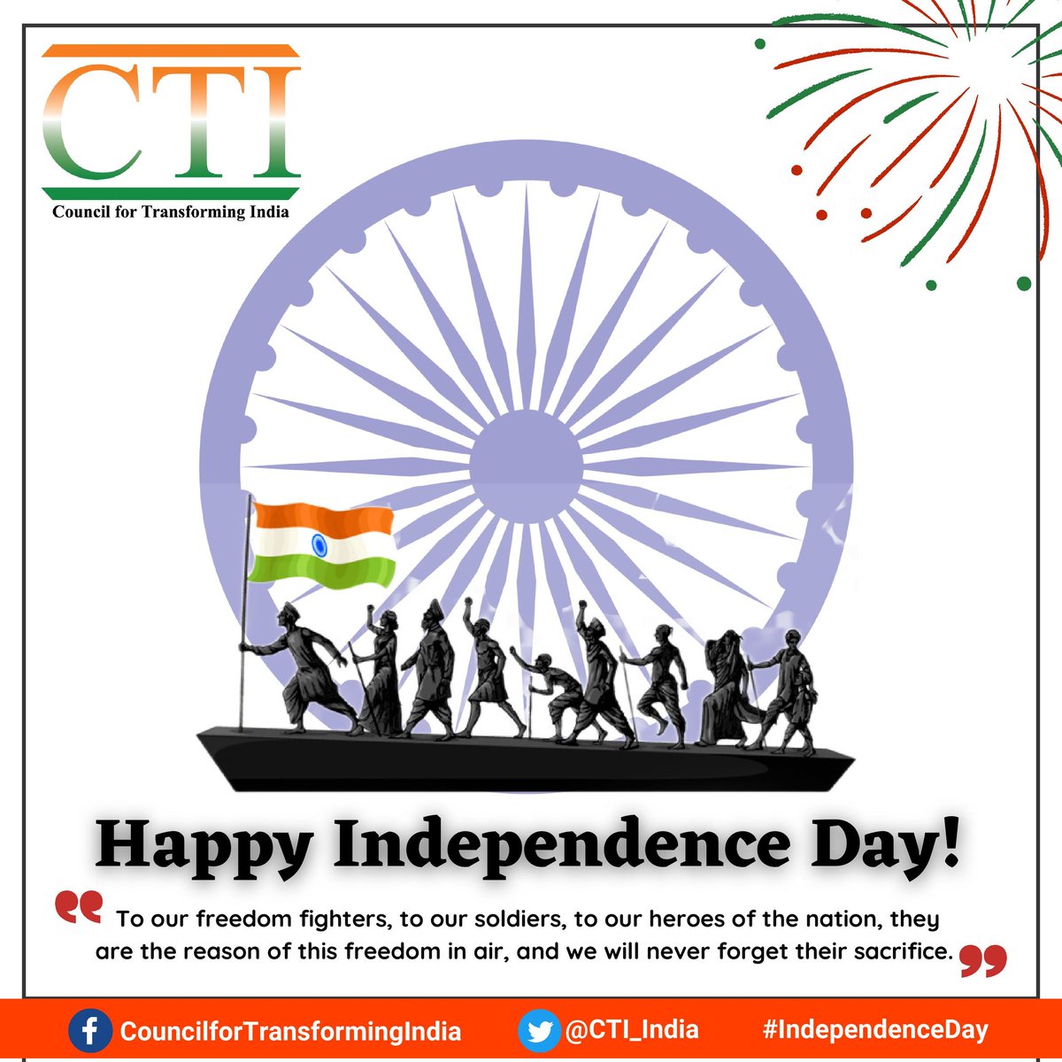CTI_India's tweet photo. Happy Independence Day 🇮🇳 !
We bow to all those great warriors who devoted their lives to make India free.

May the glory of this day be inspiration for tomorrow.
#IndiaAt75
#IndependenceDay2022

#TeamCTI 🇮🇳 https://t.co/8wreKMyySy