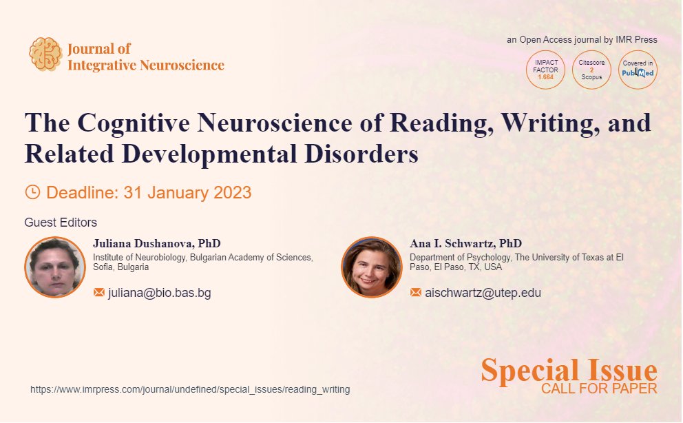 JINeuroscience's tweet image. #callforpapers Look! This interesting SI “The #cognitive_neuroscience of #reading, #writing, and related #developmental_disorders” is opening to submit
GEs: Prof. Juliana Dushanova &amp;amp; Ana I. Schwartz
Link:imrpress.com/journal/JIN/sp…
#functional_brain_measures #neuroscience #JIN