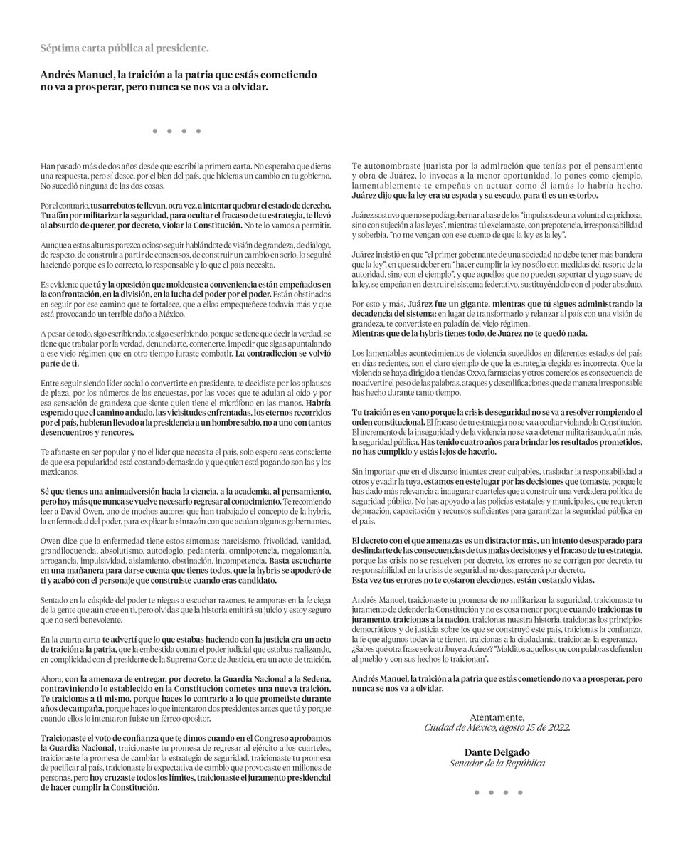 DanteDelgado's tweet photo. Comparto la séptima carta que le envío al presidente Andrés Manuel López Obrador. https://t.co/tKGrvW1RGX