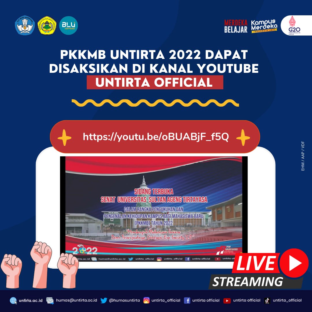 HumasUntirta's tweet photo. Hai Sobat Jawara! Yuk, saksikan siaran langsung Pengenalan Kehidupan Kampus bagi Mahasiswa Baru (PKKMB) #Untirta Tahun 2022 melalui kanal YouTube Untirta! Klik link berikut:

🔗: https://t.co/fc35MszPM7

#UntirtaJawara #OspekUntirta
#PKKMBUntirta #PKKMBUntirta2022 https://t.co/s92zSG75Qc