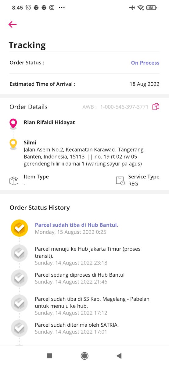 silmiislami_'s tweet photo. @anteraja_id hi min, tolong dibantu
10005463973771 sudah sampai Jakarta Timur malah tiba di Hub Bantul lagi?🥺 https://t.co/yYvNFbdR5J