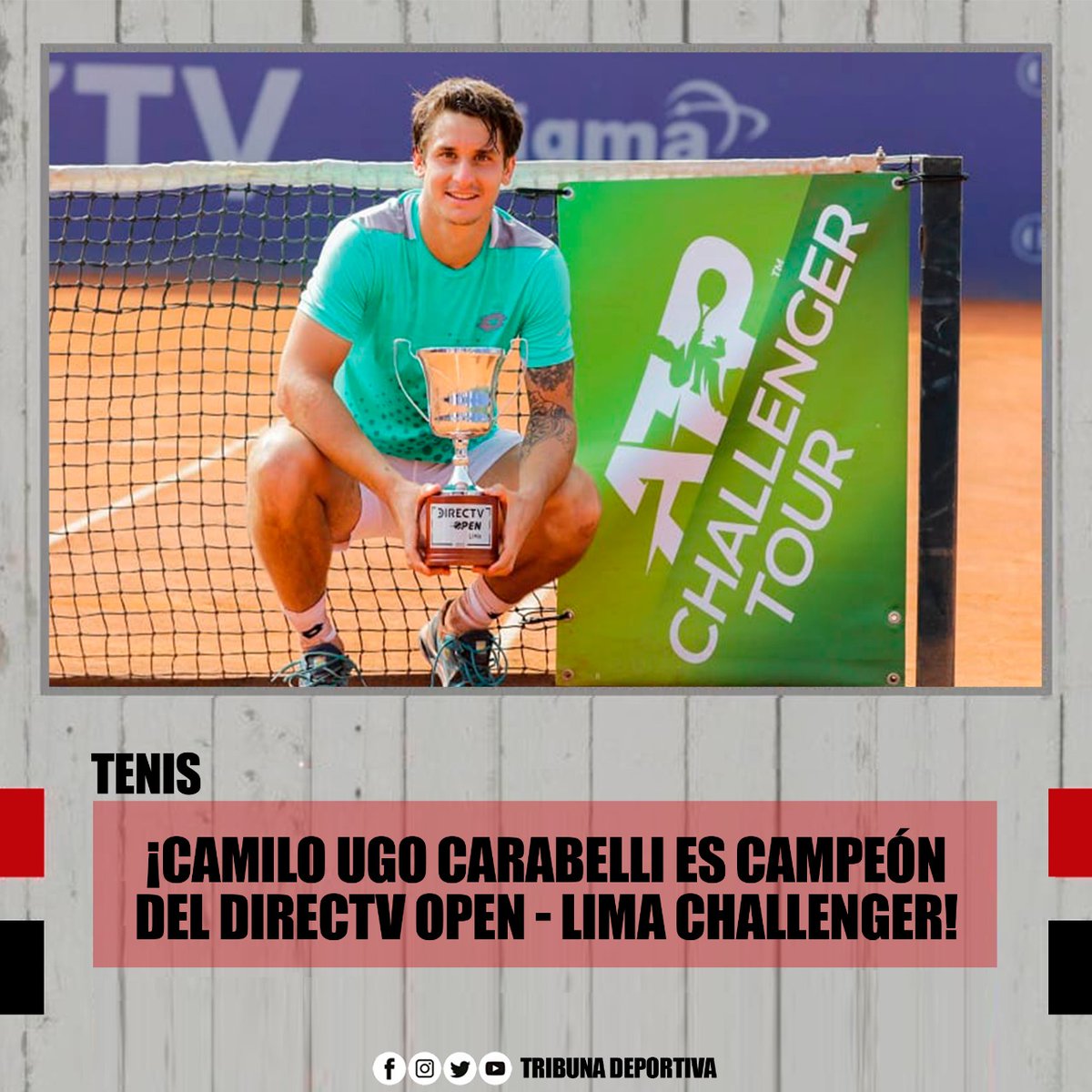 PeruTribuna's tweet photo. ¡CAMILO UGO CARABELLI ES CAMPEÓN DEL DIRECTV OPEN - LIMA CHALLENGER!
Camilo Ugo Carabelli🇦🇷 venció por 2-0 (6-2 y 7-6) a su compatriota Thiago Tirante y logró el título de campeón del #DirectvOpenLima Challenger. https://t.co/gkREgBFx6g