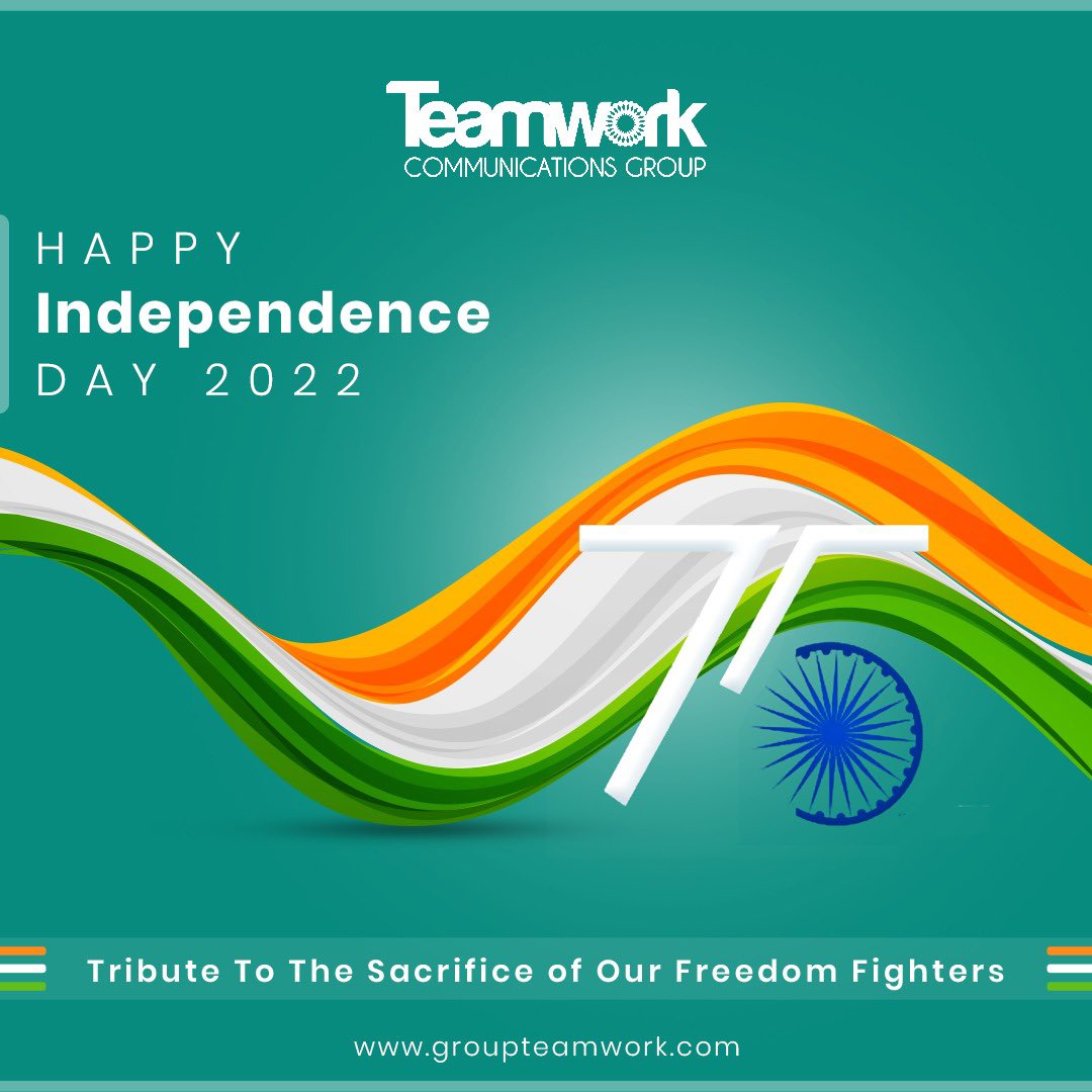 TeamworkPR's tweet photo. Celebrating 75 years of Independence with utmost pride.
We believe in equality, harmony, love and trust.
Wishing you all a very Happy Independence Day from all of us at Teamwork to all of you! ๐ฎ๐ณโค๏ธ
#TeamworkCommunicationsGroup #independenceday #azadikaamritmahostav #75years https://t.co/JIMFOkzetG