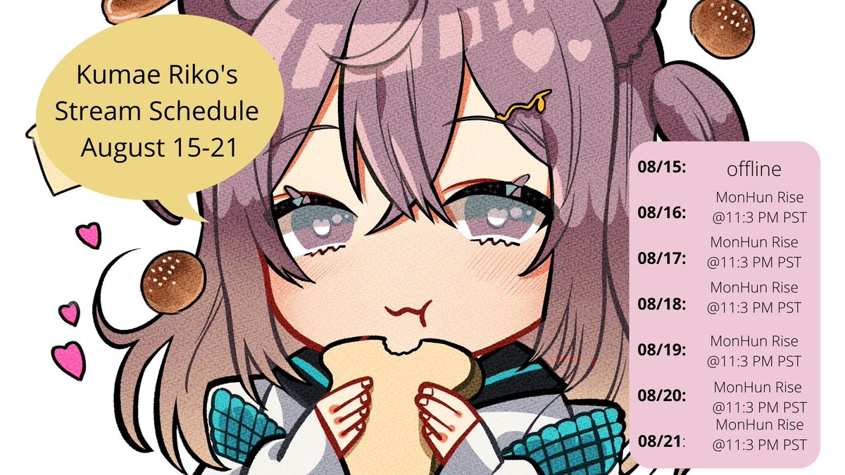 KumaeRiko's tweet image. My Schedule Stream for the upcoming week! 
We're going to MonHun it up! lolol 
If there are any changes, I shall inform you guys!  
#kumakolive #streamingschedule #VtubersUprising #envtuber #kuma