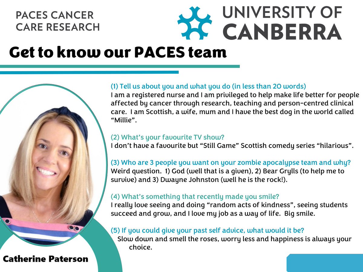 Get to know our #PACES team <a href="/UniCanberra/">University of Canberra</a> 
Professor Catherine Paterson @ProfCancerCare is a Clinical Chair in Nursing, Faculty of Health, University of Canberra &amp; Canberra Health Services. She is also a co-Chair of our <a href="/PACES_UC/">Cancer Recovery at UC</a> team