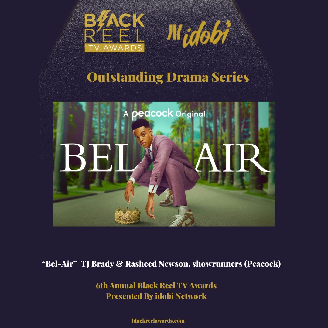 BlackReelAwards's tweet photo. Winner Outstanding Drama Series: TJ Brady @RasheedNewson “Bel-Air” #BlackReelTVAwards #BlackTelevisionMatters #idobi #idobinetwork #belair #peacock https://t.co/Cz2VoeSu9n
