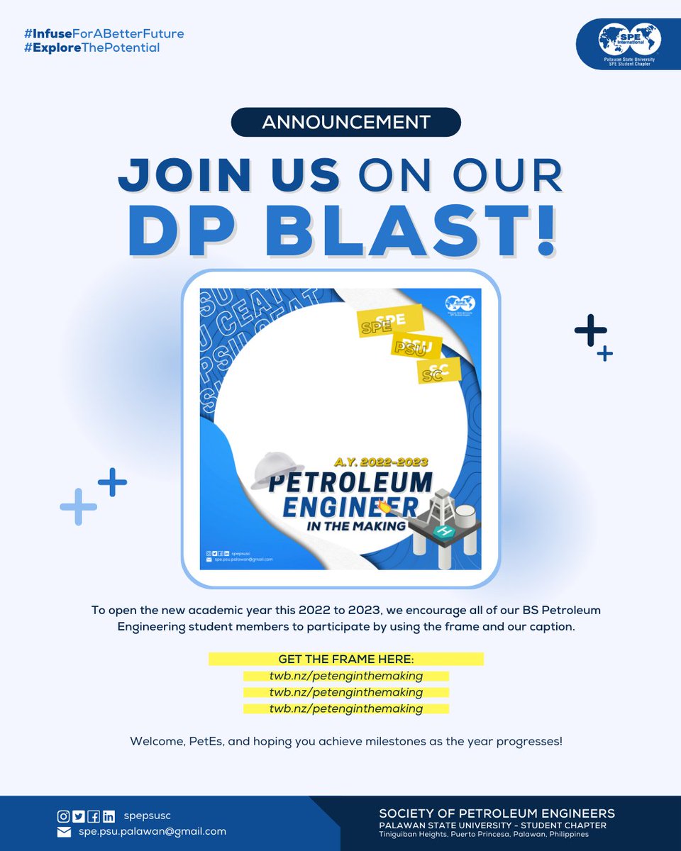 SPEPSUSC's tweet photo. The wait is over!

Join us on our #DPBlast for the Society of Petroleum Engineers - Palawan State University - Student Chapter.

𝗚𝗘𝗧 𝗧𝗛𝗘 𝗙𝗥𝗔𝗠𝗘 𝗛𝗘𝗥𝗘:
https://t.co/NdOliZK5MM
https://t.co/NdOliZK5MM

#PetEngInTheMaking
#InfuseForABetterFuture
#ExploreThePotential https://t.co/8yzEsiDEko