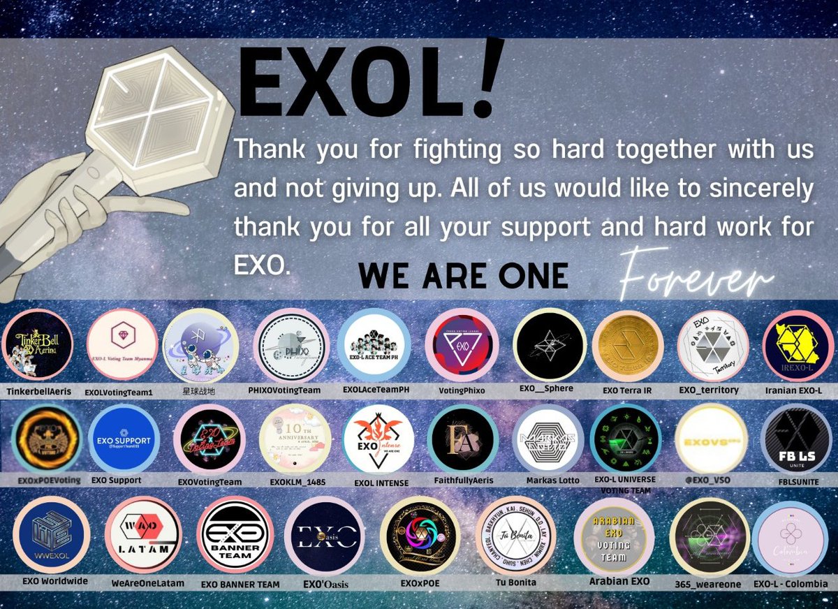 Muchas gracias a todas las fanbases y exol que trabajaron arduamente para apoyar a #exo

We want to say thank you to all the bases and exol who worked so hard to support <a href="/weareoneEXO/">EXO</a> 

LETS MAKE IT FOREVER #EXOL!