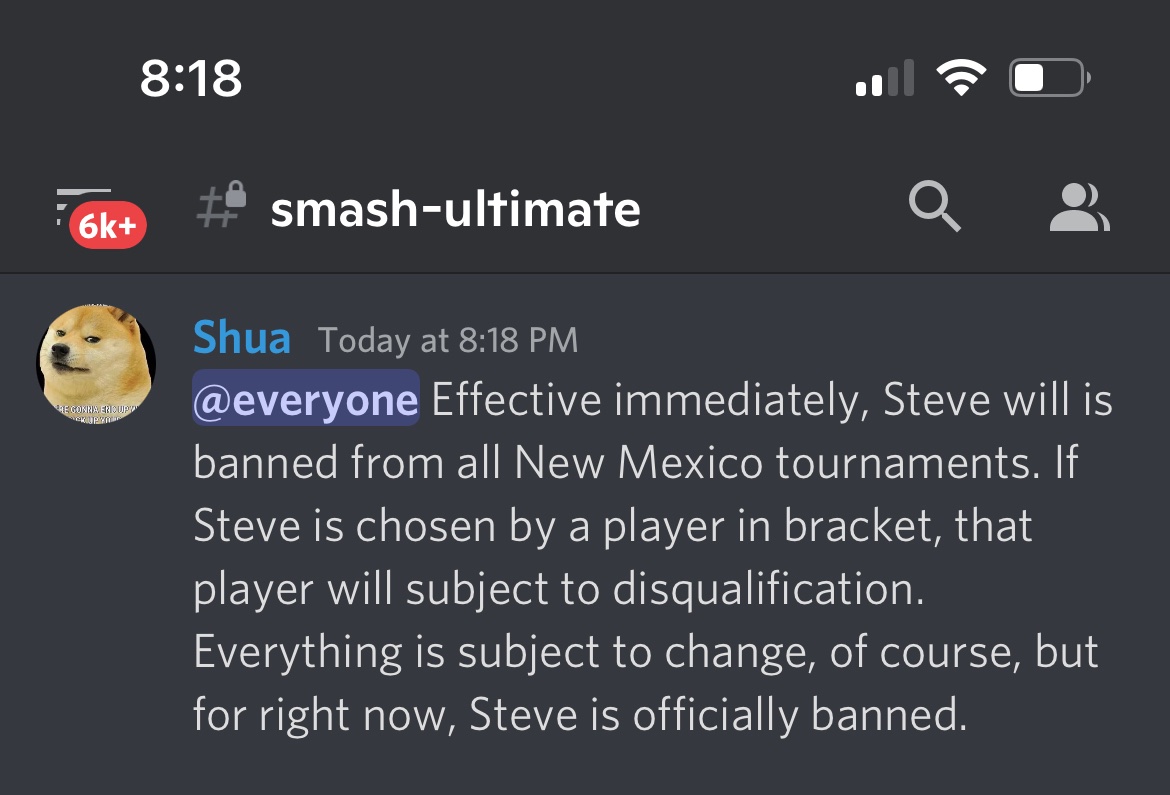 trueheoh's tweet photo. Steve is officially banned in the New Mexico smash scene https://t.co/FAK02wd7eY