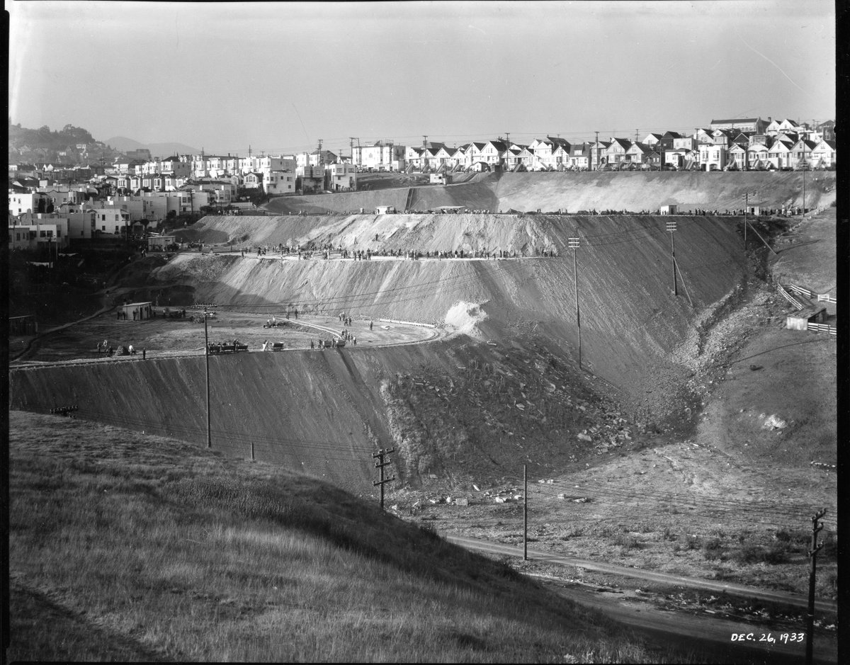 Construction of St. Mary's Playground, Dec 26, 1933. 
Going through some old scans, this one showing WPA workers building St. Mary's Playground always knocked me out. That's Crescent Ave at the top, site of Alemany Farm at bottom.  #sfhistory