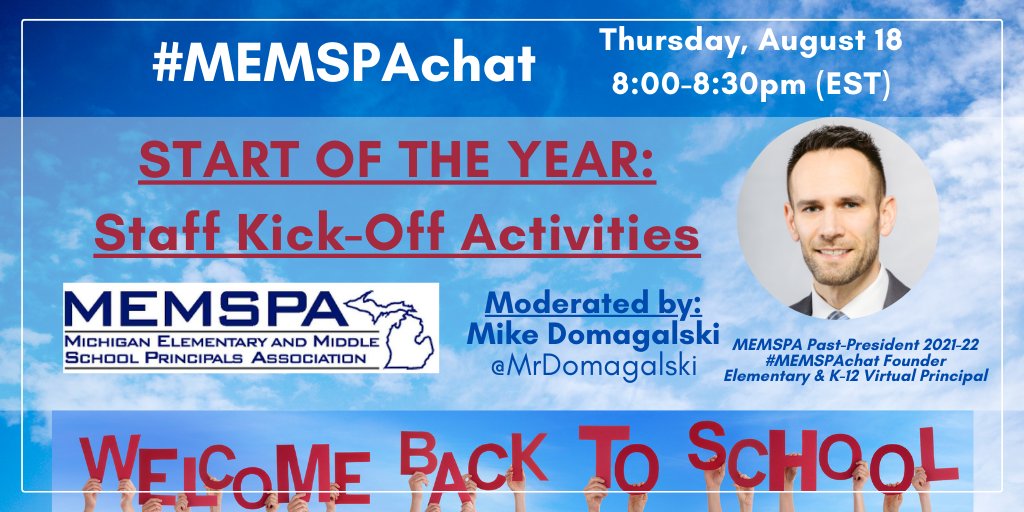 #MemspaChat is Back w/ @MrDomagalski 
This Thurs at 8pm EST
Start of the Year Staff Kick-Off Activities 
#pblchat #PersonalizedPD #edchat #XPLAP #SDedchat
#LAedchat #mdedchat
#NJed #edchatma
#LEADERSHIPCHAT