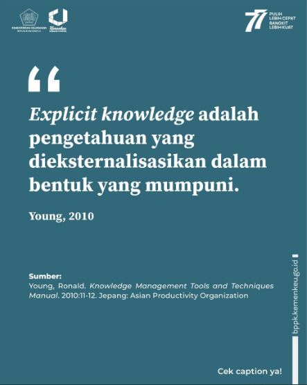 balaidiklatpim's tweet image. c. Ilmu terkait pekerjaan di Kementerian Keuangan yang terdapat pada knowledge repository Kemenkeu Learning Center (KLC).

Kira-kira apa saja Explicit Knowledge yang Warganed ketahui?🤔

#BelajarTanpaBatas
#KitaPemelajar
#ExplicitKnowledge
#KnowledgeManagement