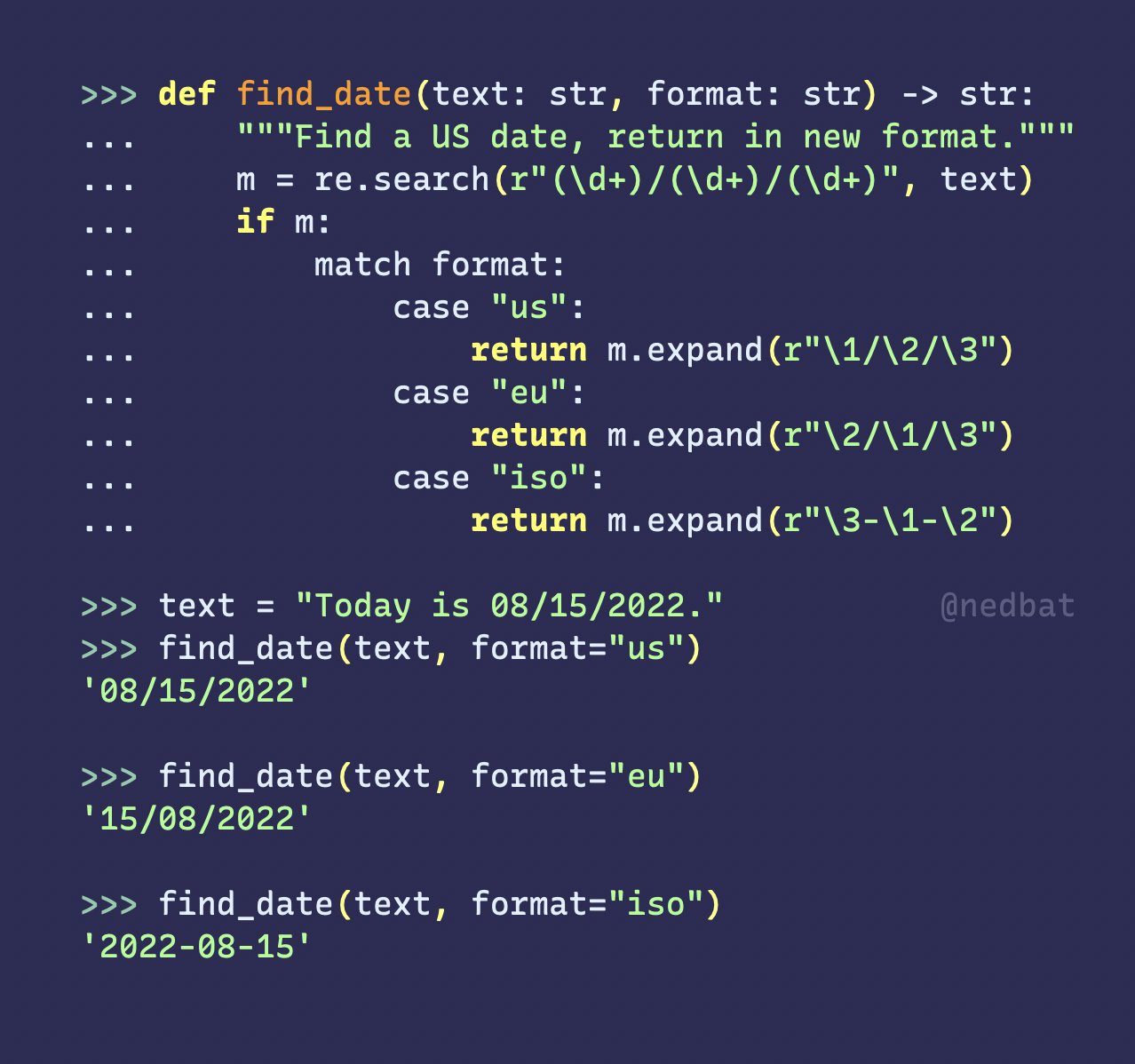 Ned Batchelder on Twitter: "A little-used #Python regex feature: match.expand  lets you split re.sub into .search() then .expand(). You can be more  flexible what to do with the match once you find