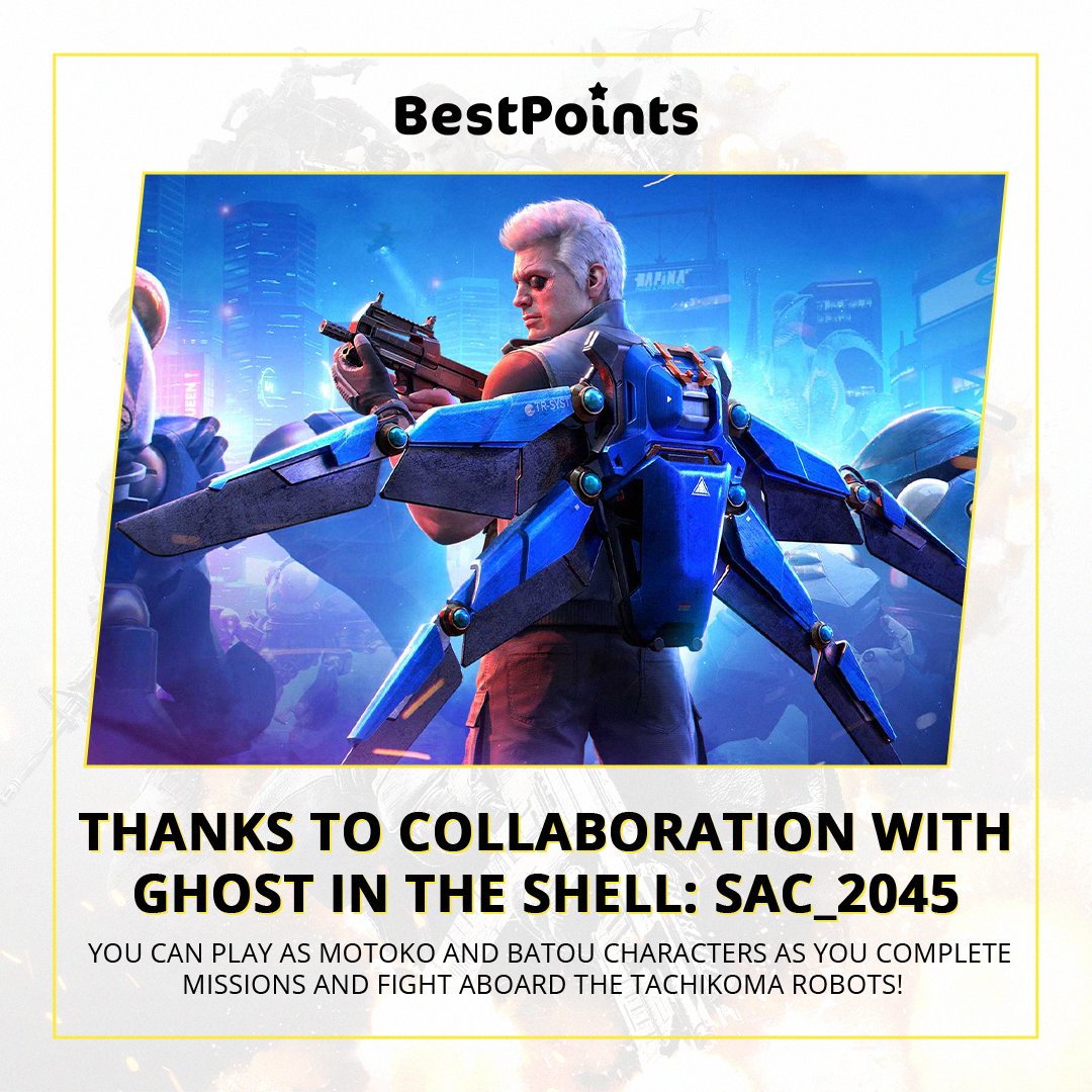 bestpointscd's tweet photo. Thanks to collaboration with  Ghost in the Shell: SAC_2045 you can play as Motoko and Batou characters as you complete missions and fight aboard the Tachikoma robots! 🌃

#BestPoints #cod #CallOfDuty #gaming #game #giftcards #free #BestPointsApps https://t.co/cbqZxMyq5p