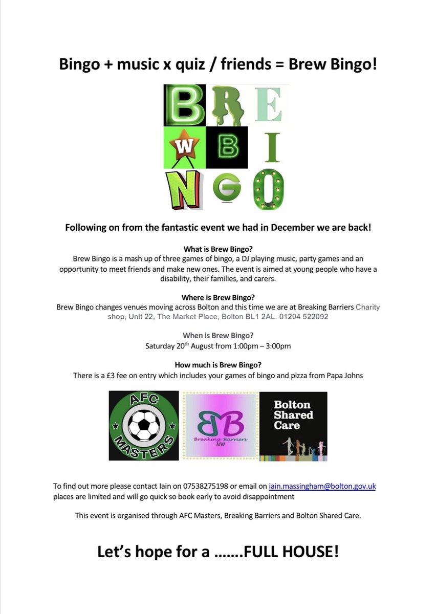 We can’t wait for this Saturday - please share - Brew Bingo is open for children and young people; their families and carers. This month we are over at our very good friends <a href="/BarriersNW/">Breaking Barriers NW</a> - a chance to get together, have fun and meet new people #bolton #bingo #weekend