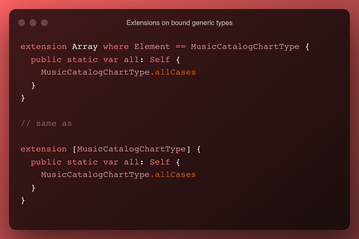rudrank's tweet photo. TIL that Swift 5.7 removed the artificial limitation of writing type constrained extensions. https://t.co/vx79XOJRQH