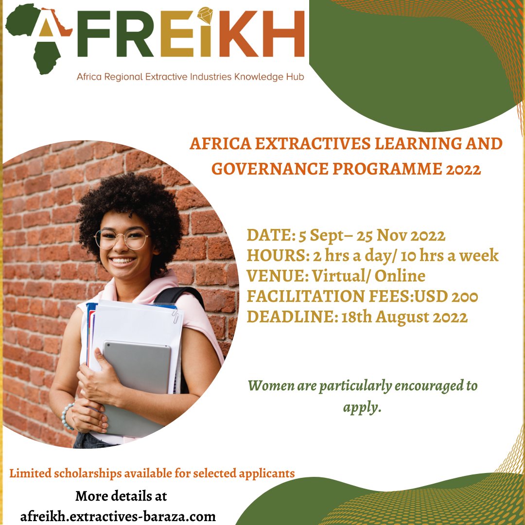 📢 Be part of the advanced level multi-stakeholder course #Africa Extractives Learning &amp; Governance Programme 2022'

✍️🏾Topics to be covered include #EnergyTransition  &amp; HSE. Send Application letter, CV &amp; Write-up to: afreikh.extractives-baraza.com/event/africa-e…

Limited slots &amp; scholarships available
