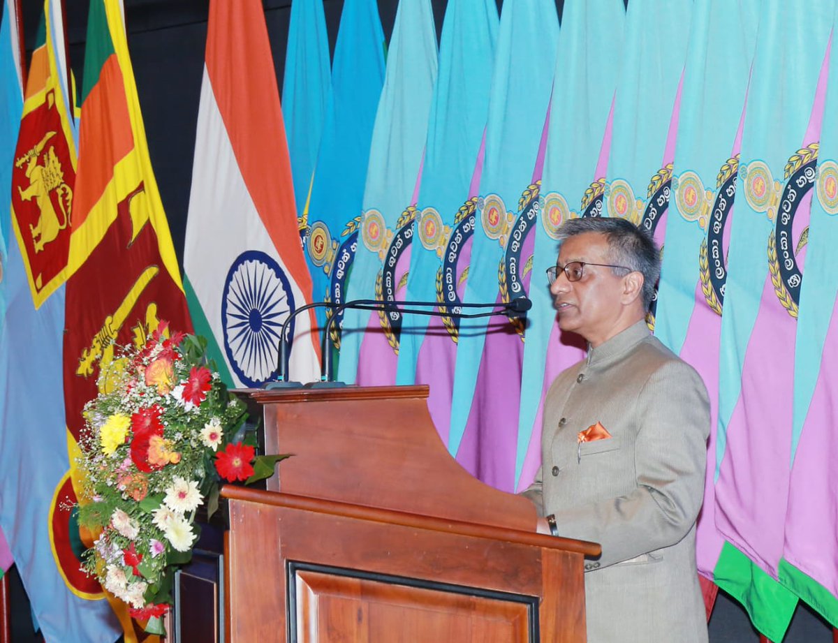 IndiainSL's tweet photo. "Security of #India and #Srilanka is enhanced by mutual understanding, mutual trust and cooperation. Gifting of Dornier 228 is #India's latest contribution to this cause ." High Commissioner Gopal Baglay at the handing over event. https://t.co/x8wa0v8mT6
