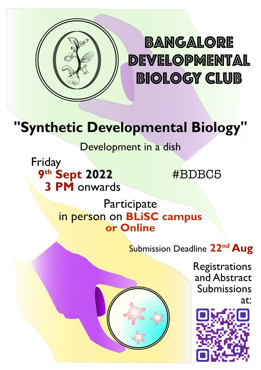 Happy Independence Day Dev Biologists! Excited to announce #BDBC5 in person at @BLiSC_India and online. Starting 3PM on Fri 9th Sept, participate for talks on Synthetic Dev Bio! Signup/Submit abstracts at forms.gle/KVDkaGMzt9o4px… Zoom registration after submitting the google form