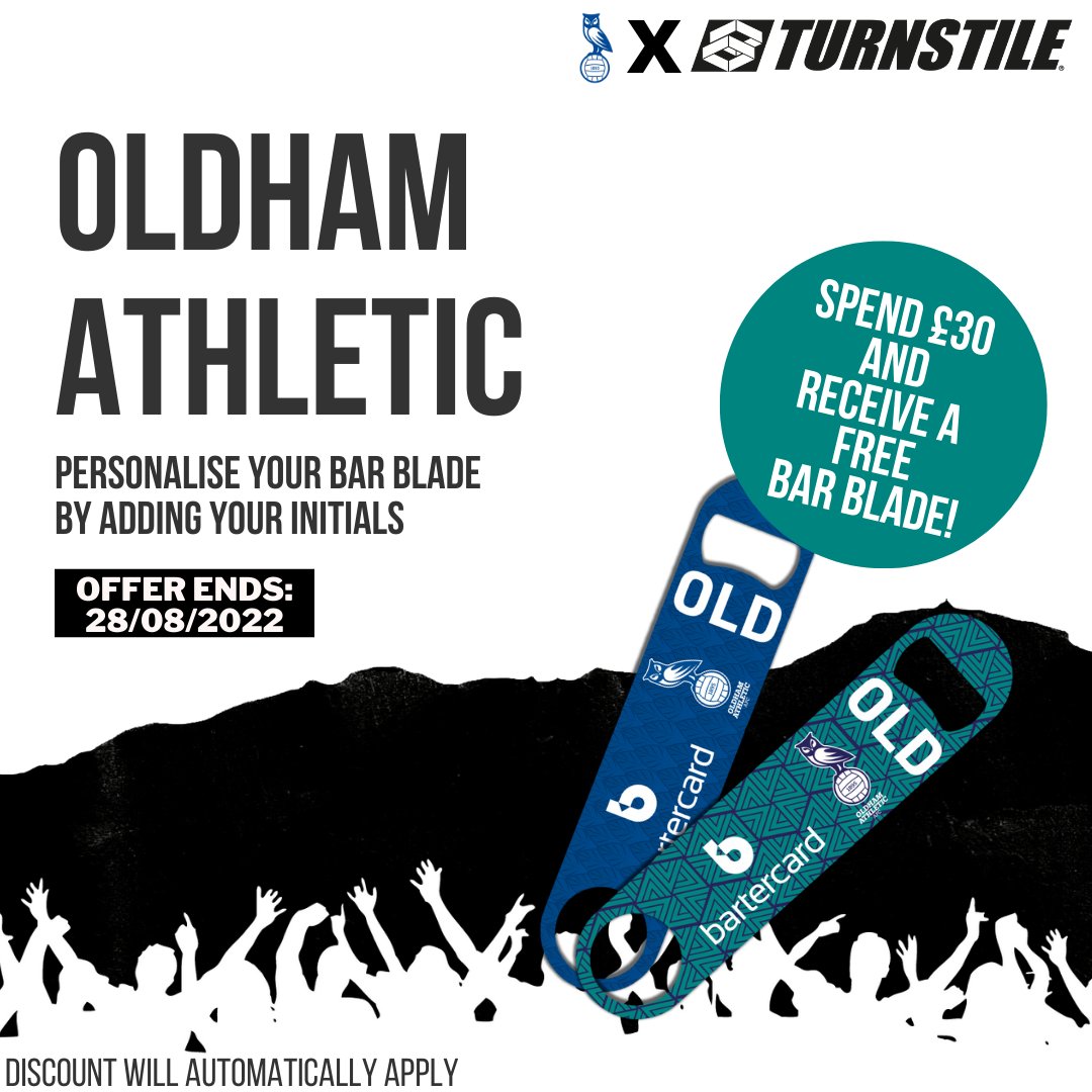 Buy £30 worth of Turnstile products and choose a free bar blade! SHOP NOW: tinyurl.com/uar3k4th #OACT #OAFC #OldhamAthletic #Latics @OfficialOAFC #free