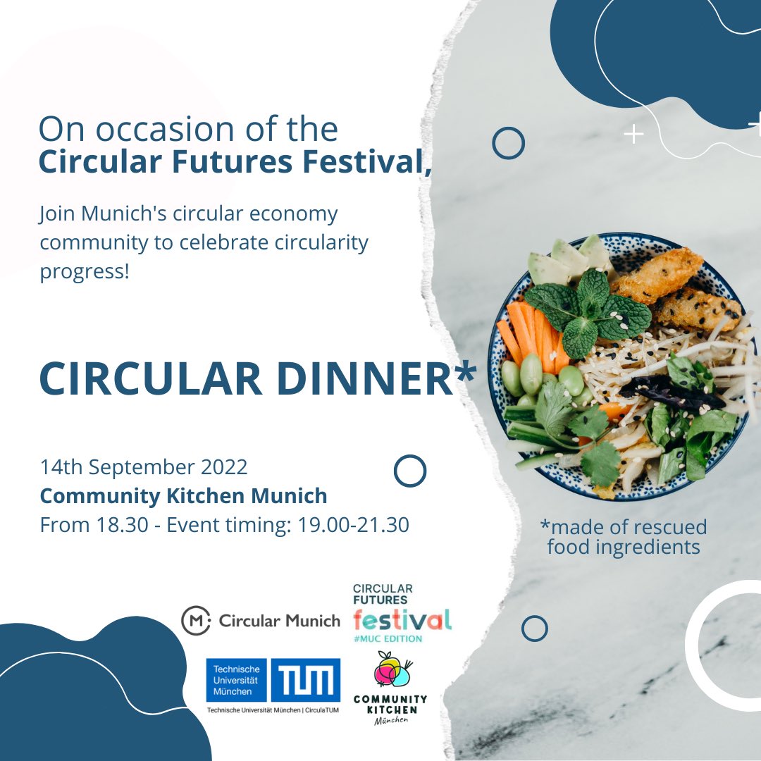 Invitation to 'Circular Dinner' | <a href="/CirculaFutures/">Circular FuturesDE</a> Festival

It is time to celebrate circularity and strengthen the network driving a #circulareconomy in #Munich! 

Join us on Sept 14th 19.00-21.30 at #communitykitchenMunich 

Get your Ticket lnkd.in/dkj5dpDR

Ⓜ️♾️