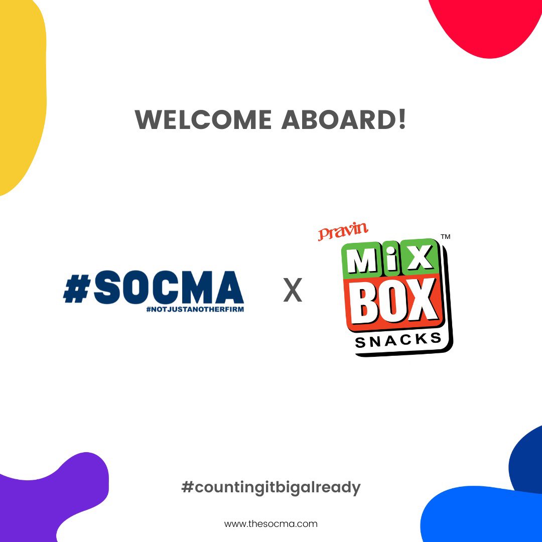 thesocma's tweet photo. Welcoming @mixboxsnacks On Board!
#countingitbigalready
.
.
.
.
.
.
#socma #thesocma
#marketing #integratedmarketing #digitalmarketing #marketingagency #branditentitiy #brandbuilding #makeitcountbig #solutionoriented https://t.co/YSf0JZ59g2