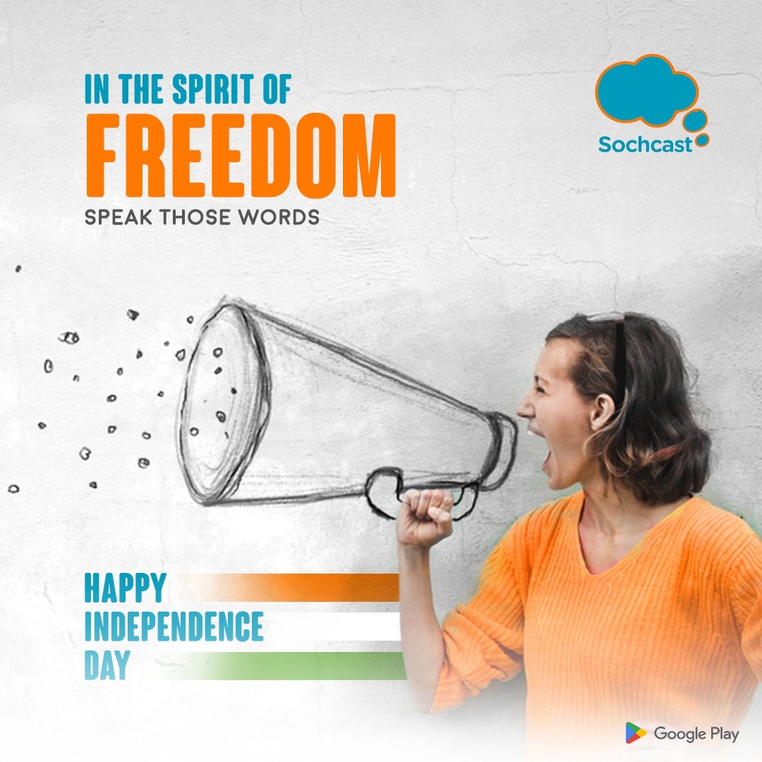 sochcast's tweet photo. Looking forward to the day Indian #women have freedom to walk safely alone, wear what she wants, live life by her choices.
This #IndependenceDay, we pledge to work towards a world where women have #freedom of #soch and #speech
Tune into https://t.co/CXYGeDSnjl

#YourSochMatters https://t.co/KA8JMUYWcp