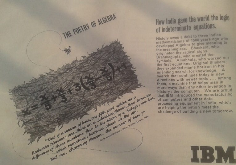 IndiaHistorypic's tweet photo. 1974 :: IBM Advertisement On How 1500 Years Ago Indian Mathematicians Developed Algebra https://t.co/W855n9Zxup