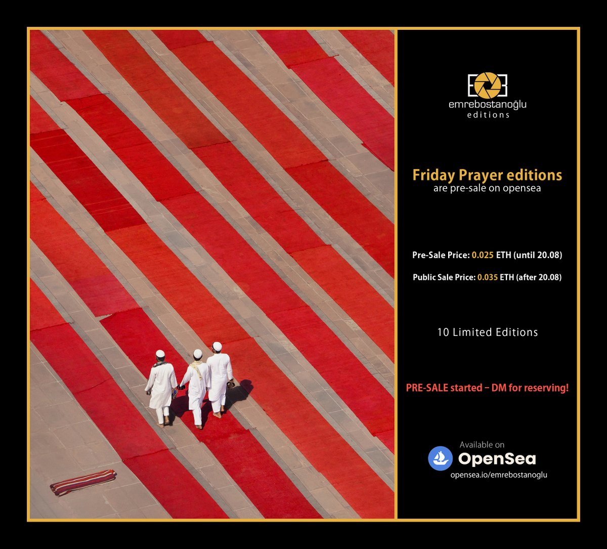 ETH DROP ALERT📢🎊

📢 "Friday Prayer" editions are pre-sale on <a href="/opensea/">OpenSea</a>

📨PRE-SALE started, DM for reserving!

📍Limited Editions: 10/10
📍Pre-Sale Price: 0.025 $ETH (until 20.08)
📍Public Sale Price: 0.035 $ETH (after 20.08)

 🫂 RT/QT Appreciated 🫂

🔗opensea.io/assets/ethereu…